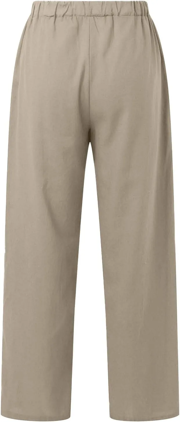 Womens Casual Cotton Linen Pants Lightweight Elastic Waist Pant Summer Beach Baggy Lounge Plain Drawstring Trousers