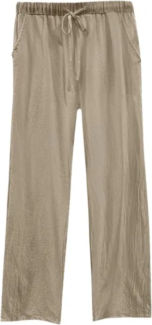 Womens Casual Cotton Linen Pants Lightweight Elastic Waist Pant Summer Beach Baggy Lounge Plain Drawstring Trousers