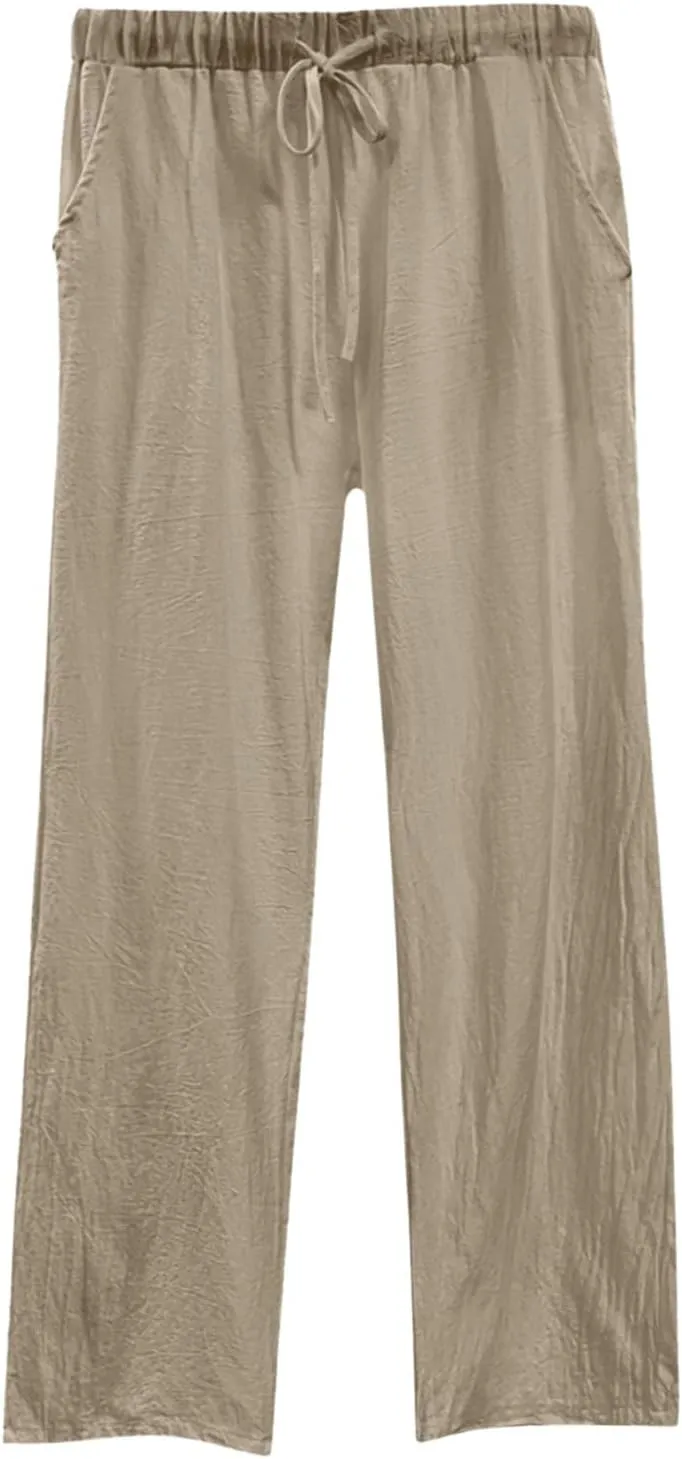 Womens Casual Cotton Linen Pants Lightweight Elastic Waist Pant Summer Beach Baggy Lounge Plain Drawstring Trousers
