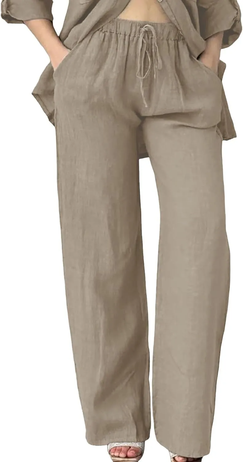 Womens Casual Cotton Linen Pants Lightweight Elastic Waist Pant Summer Beach Baggy Lounge Plain Drawstring Trousers