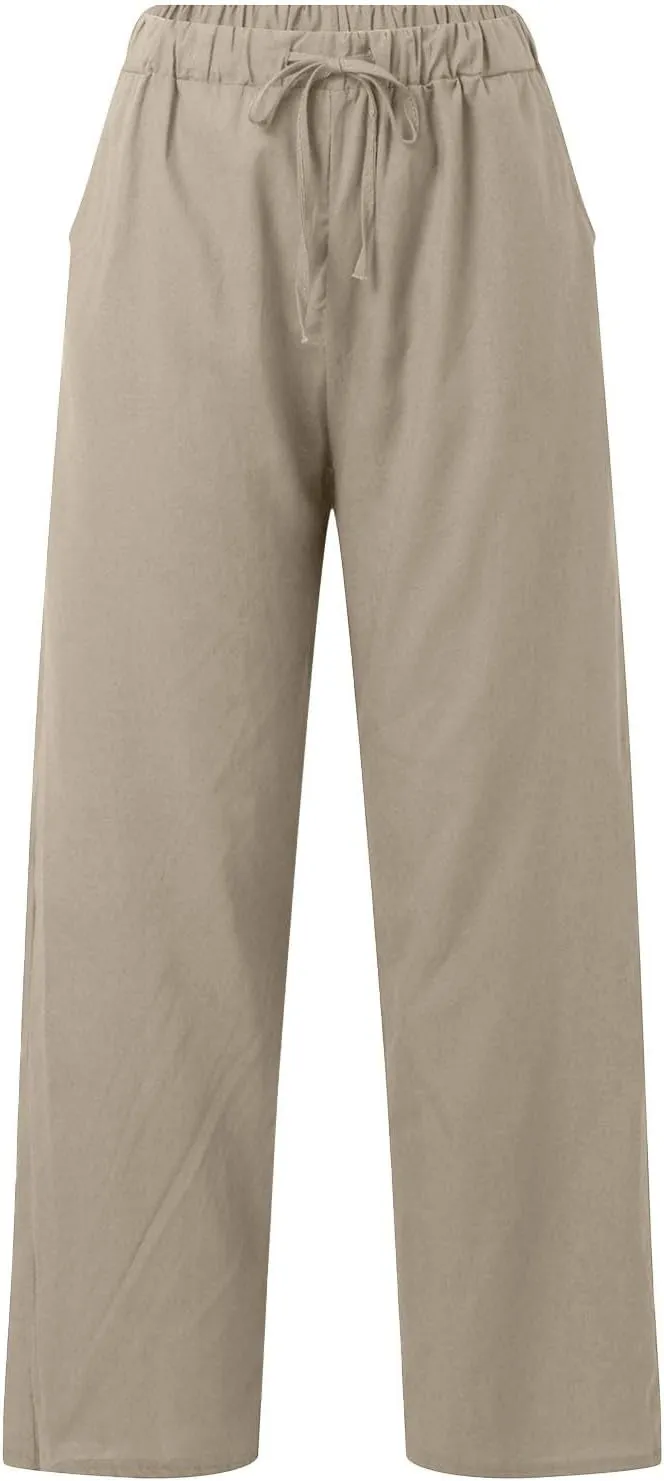 Womens Casual Cotton Linen Pants Lightweight Elastic Waist Pant Summer Beach Baggy Lounge Plain Drawstring Trousers