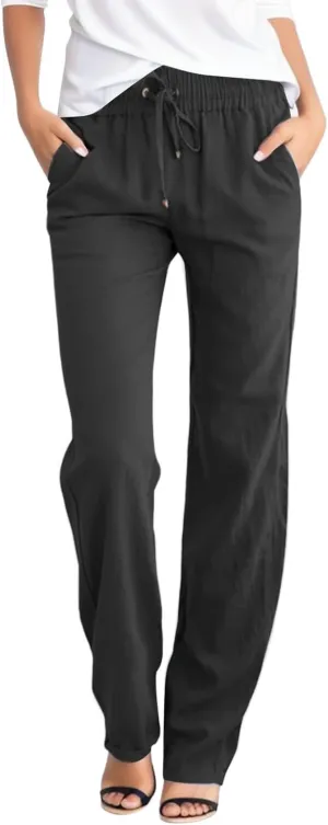 Womens Casual Cotton Linen Pants Lightweight Summer Elastic High Waist Palazzo Pant Plus Size Beach Flowy Long Trousers