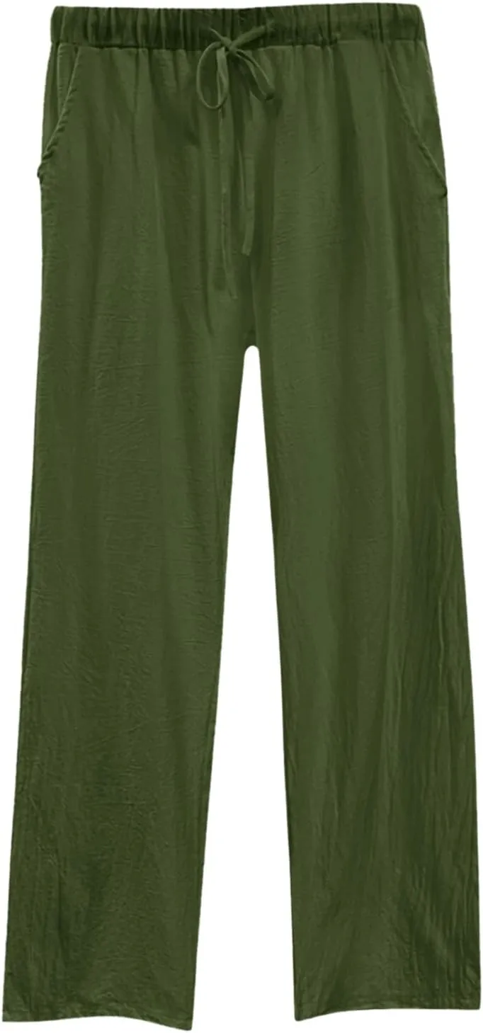 Womens Casual Cotton Linen Pants Lightweight Summer Relax Fit Elastic Waisted Plus Size Solid Lounge Long Trousers