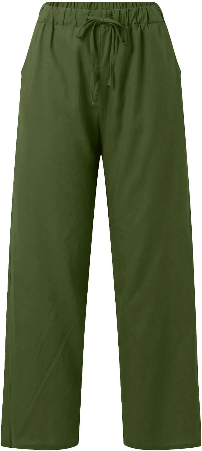 Womens Casual Cotton Linen Pants Lightweight Summer Relax Fit Elastic Waisted Plus Size Solid Lounge Long Trousers