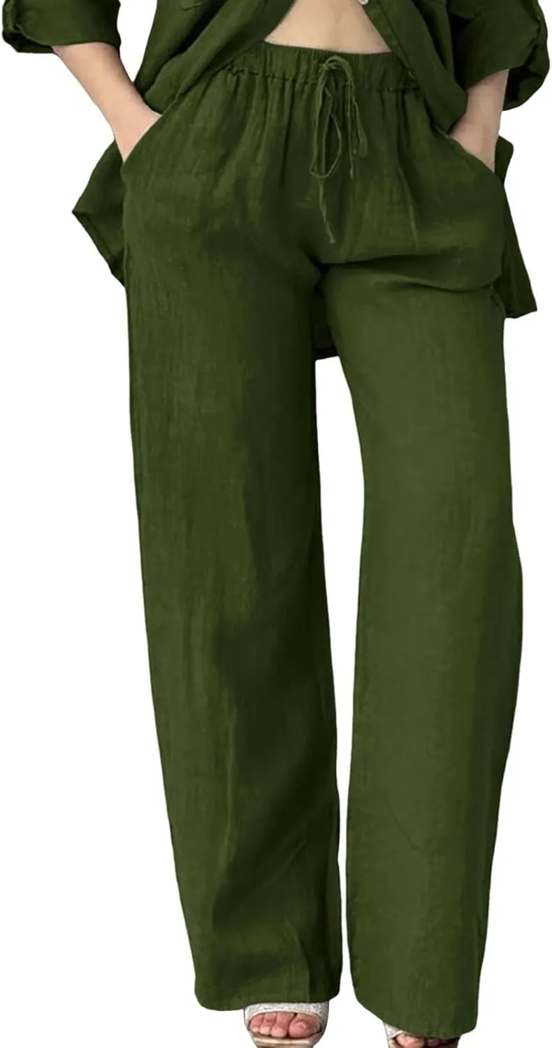Womens Casual Cotton Linen Pants Lightweight Summer Relax Fit Elastic Waisted Plus Size Solid Lounge Long Trousers