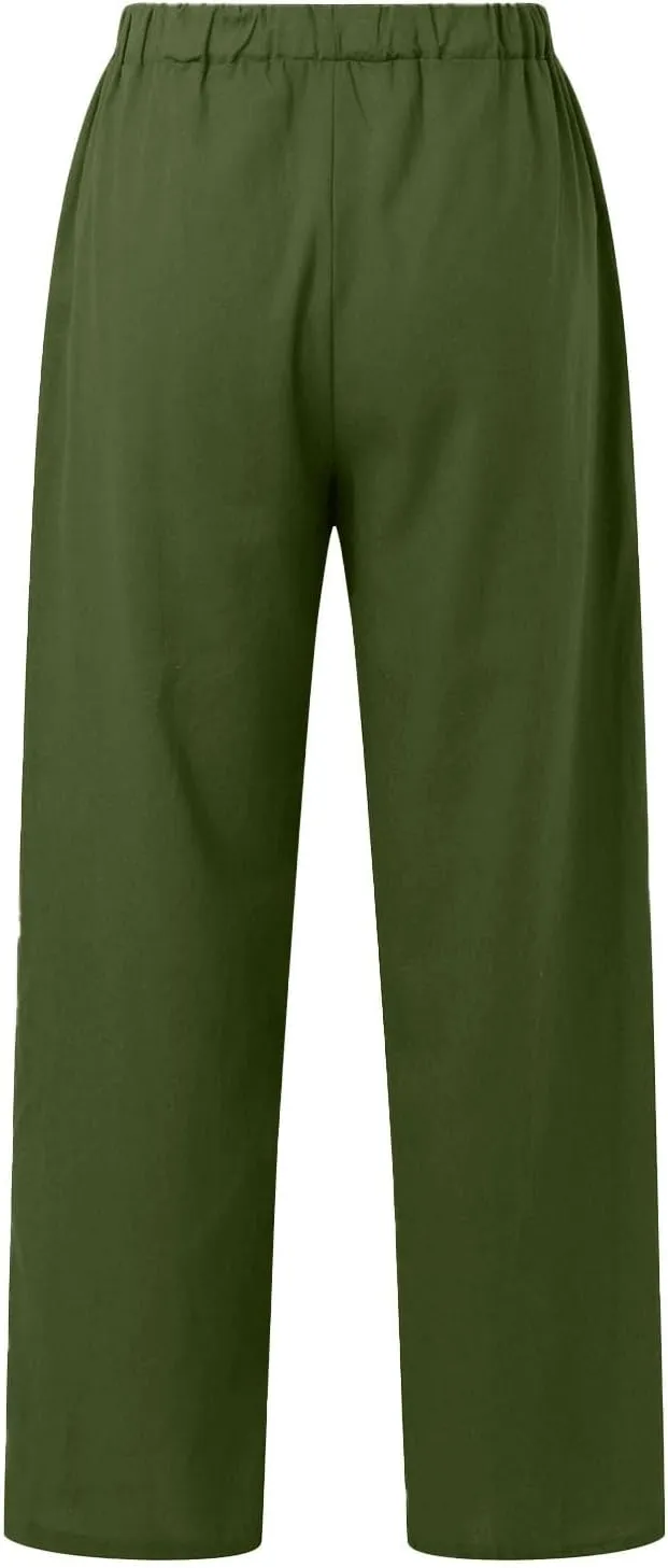 Womens Casual Cotton Linen Pants Lightweight Summer Relax Fit Elastic Waisted Plus Size Solid Lounge Long Trousers