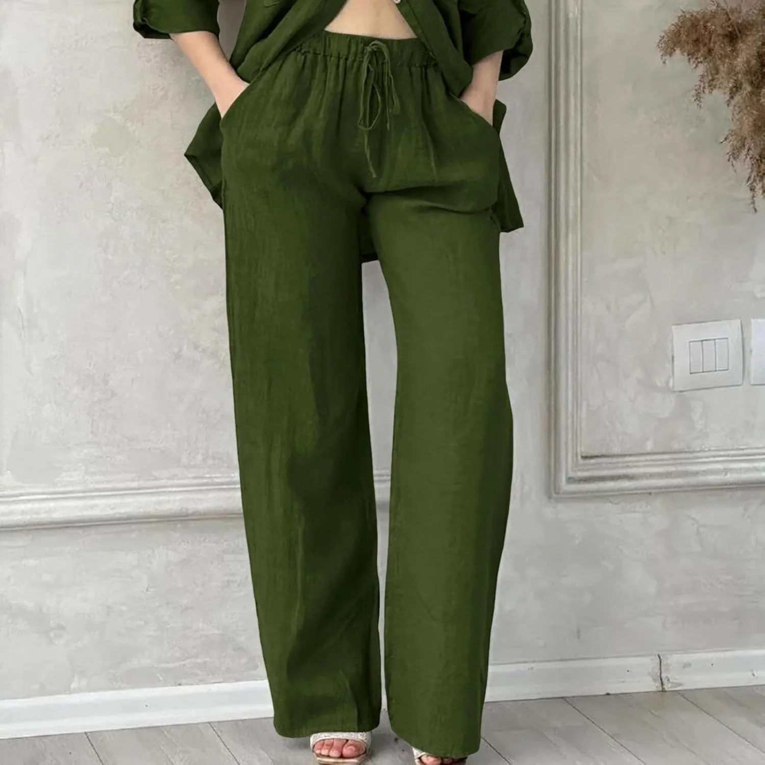 Womens Casual Cotton Linen Pants Lightweight Summer Relax Fit Elastic Waisted Plus Size Solid Lounge Long Trousers