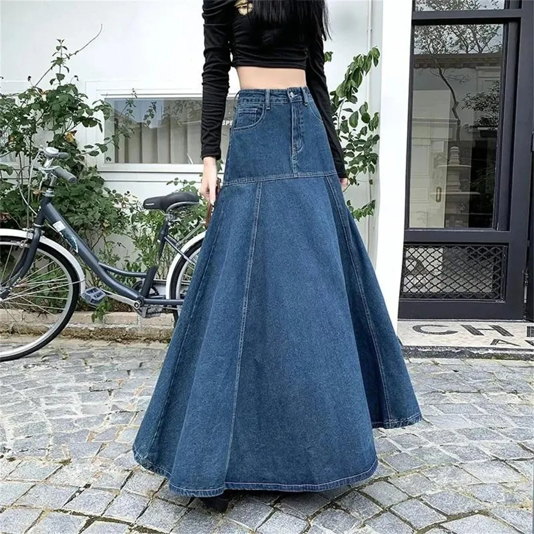 Women's Casual High-Waist A-line Denim Skirt Loose Pleated Midi Skirt