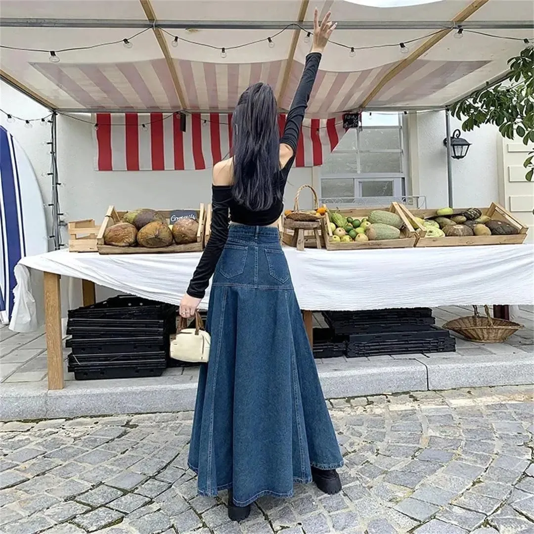 Women's Casual High-Waist A-line Denim Skirt Loose Pleated Midi Skirt