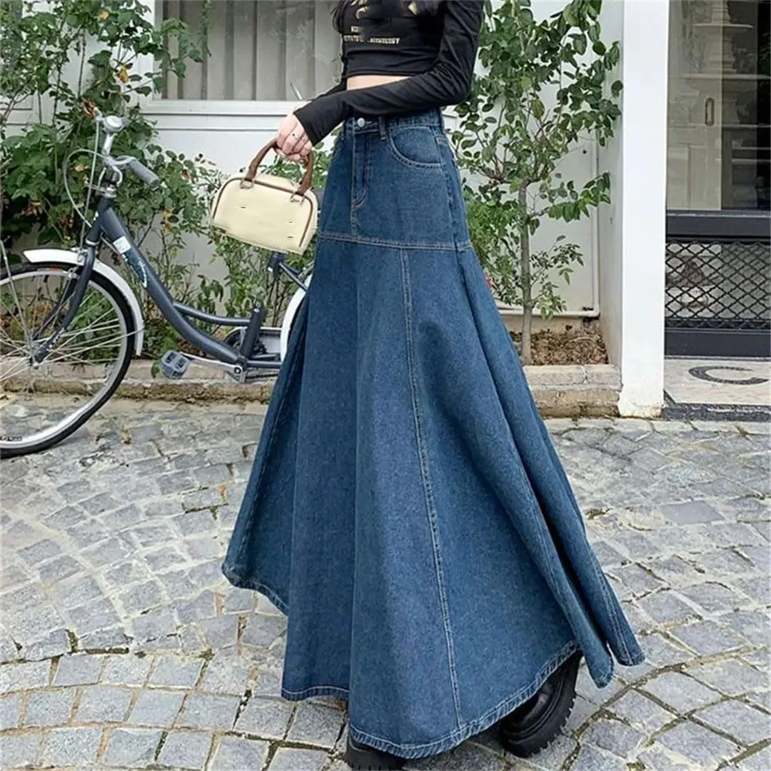 Women's Casual High-Waist A-line Denim Skirt Loose Pleated Midi Skirt