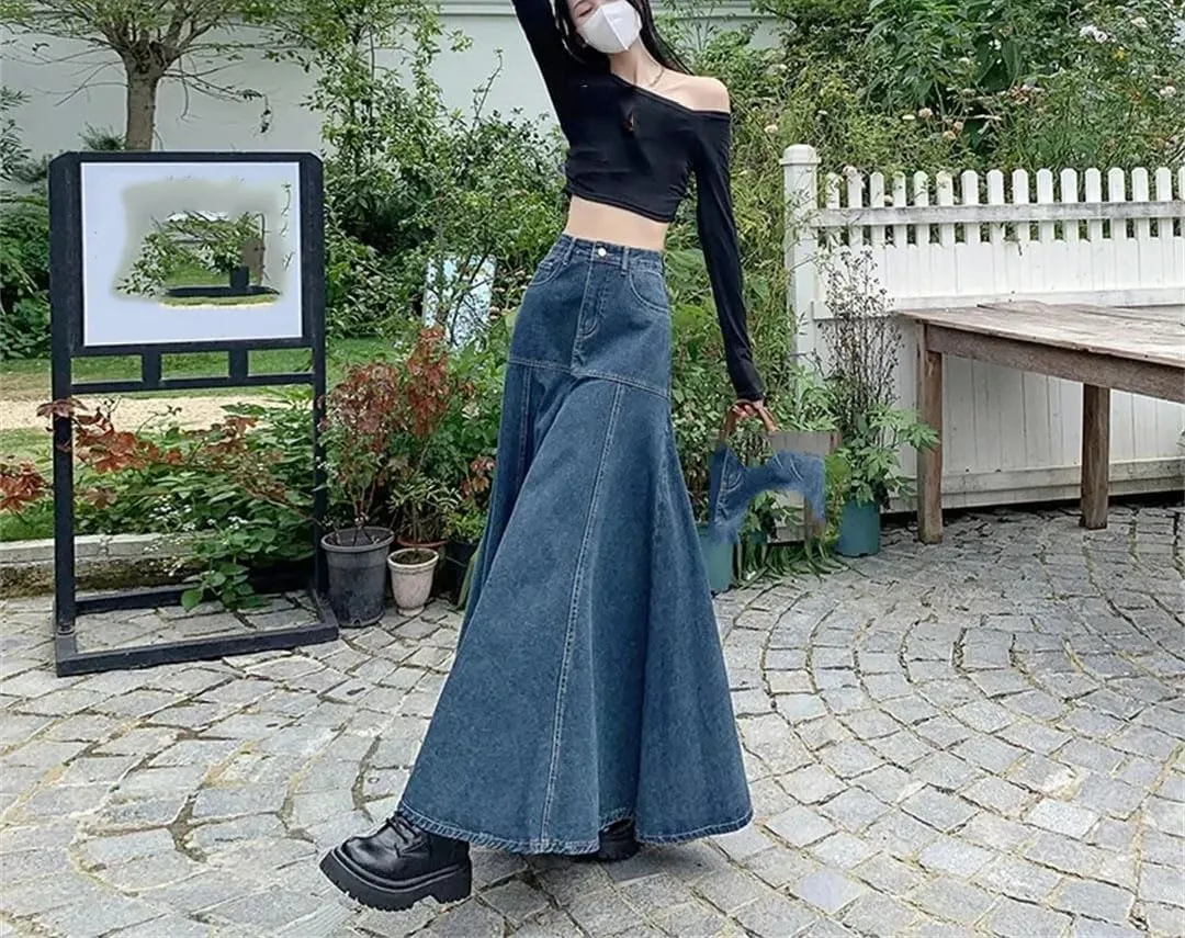 Women's Casual High-Waist A-line Denim Skirt Loose Pleated Midi Skirt