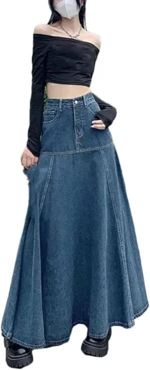 Women's Casual High-Waist A-line Denim Skirt Loose Pleated Midi Skirt