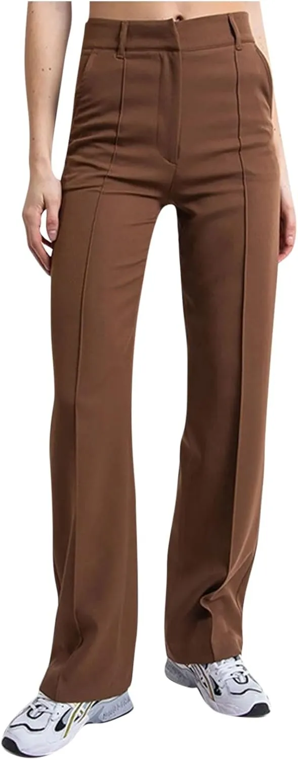 Womens Casual High Waist Straight Leg Ankle Business Dress Pants Stretchy Button Business Dress Work Pocket Trousers