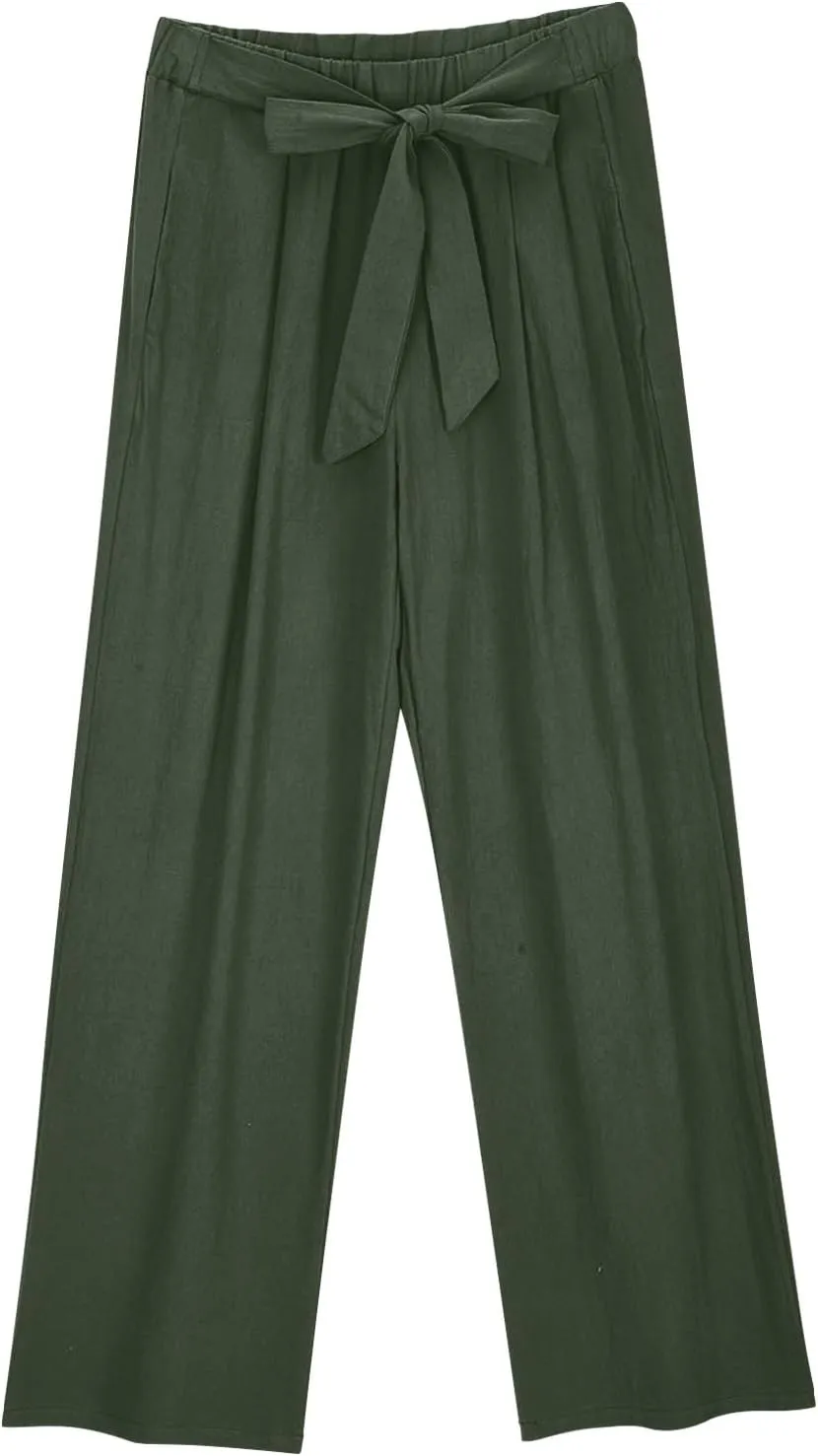 Women's Casual Lace Up Pants Lightweight Loose Wide Leg Pant Elastic High Waist Summer Beach Trousers with Pockets