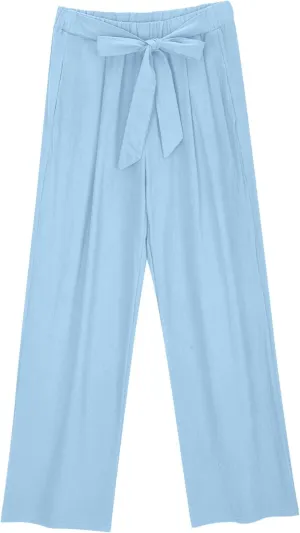 Women's Casual Lace Up Pants Lightweight Loose Wide Leg Pant Elastic High Waist Summer Beach Trousers with Pockets