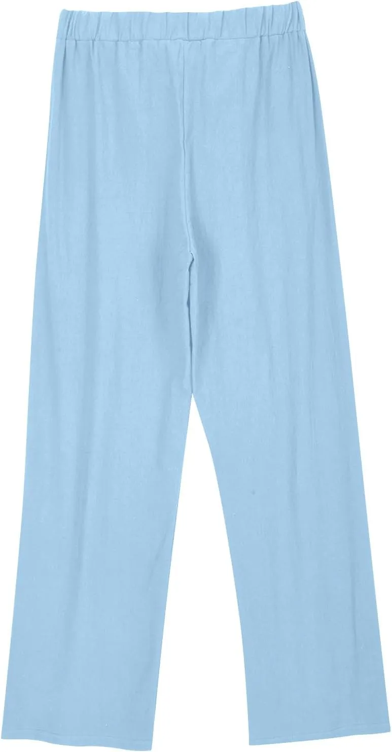 Women's Casual Lace Up Pants Lightweight Loose Wide Leg Pant Elastic High Waist Summer Beach Trousers with Pockets