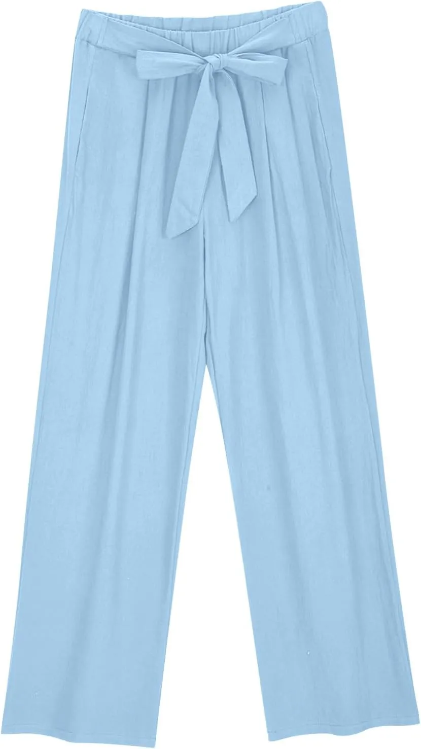 Women's Casual Lace Up Pants Lightweight Loose Wide Leg Pant Elastic High Waist Summer Beach Trousers with Pockets
