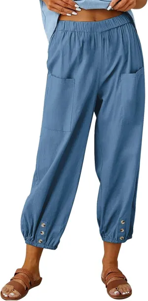Women's Casual Lantern Tapered Harem Pants High Waist Baggy Cotton Linen Pants Summer Ankle Trousers with Pockets