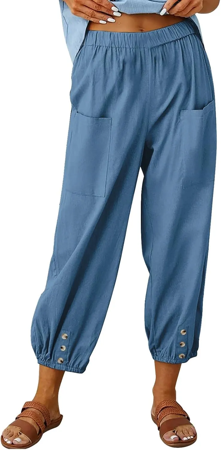 Women's Casual Lantern Tapered Harem Pants High Waist Baggy Cotton Linen Pants Summer Ankle Trousers with Pockets
