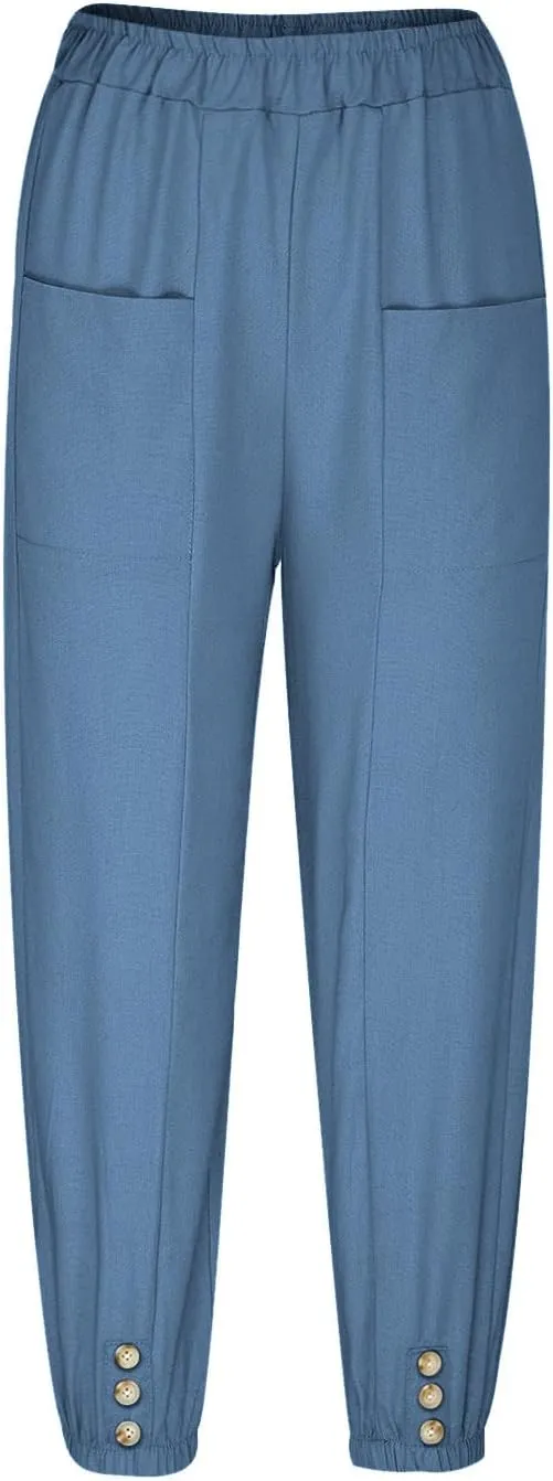 Women's Casual Lantern Tapered Harem Pants High Waist Baggy Cotton Linen Pants Summer Ankle Trousers with Pockets