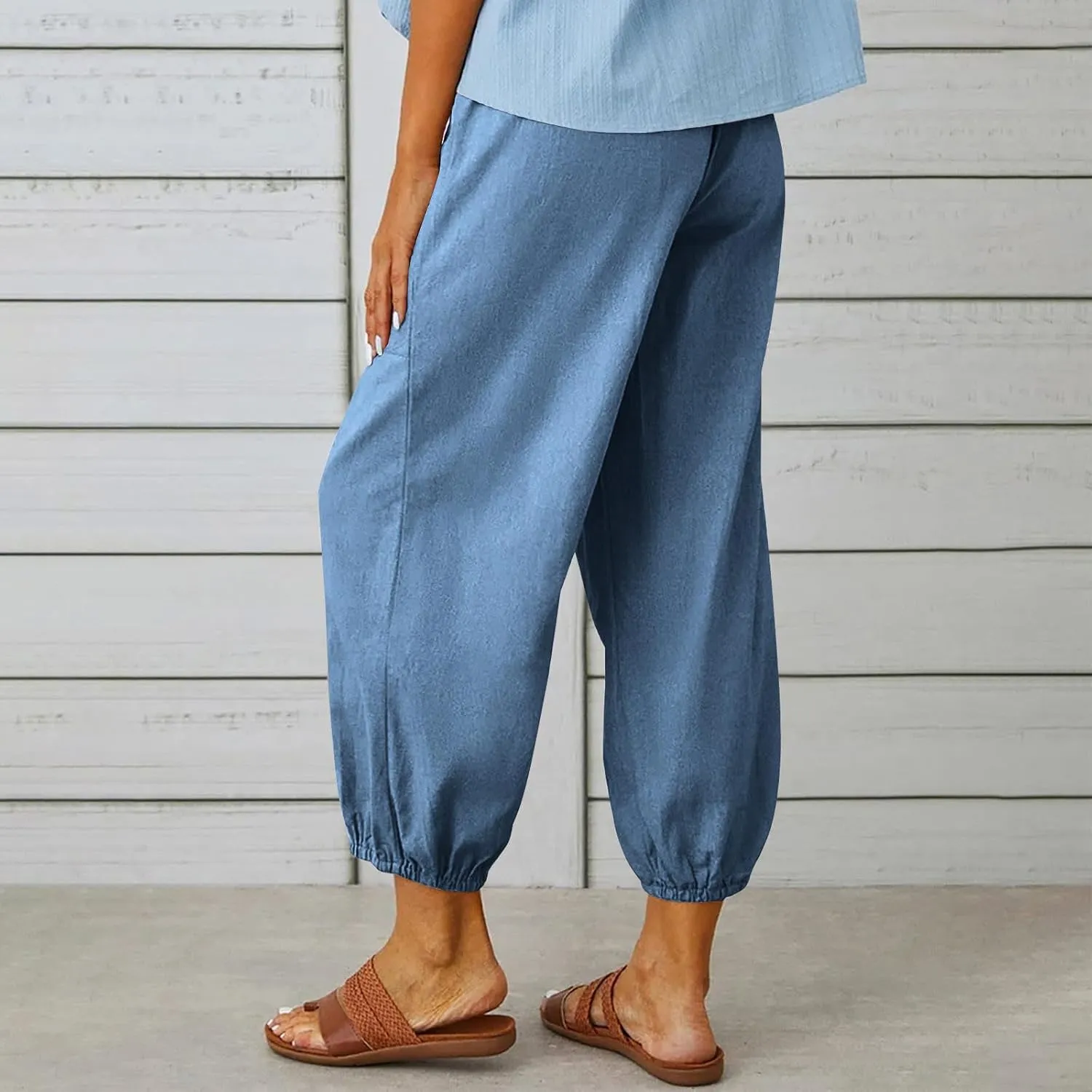 Women's Casual Lantern Tapered Harem Pants High Waist Baggy Cotton Linen Pants Summer Ankle Trousers with Pockets