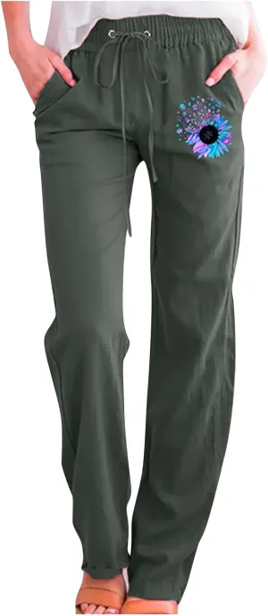 Womens Casual Linen High Waist Pants Drawstring Loose Fit Lounge Pants 2025 Summer Casual Comfy Trousers with Pockets