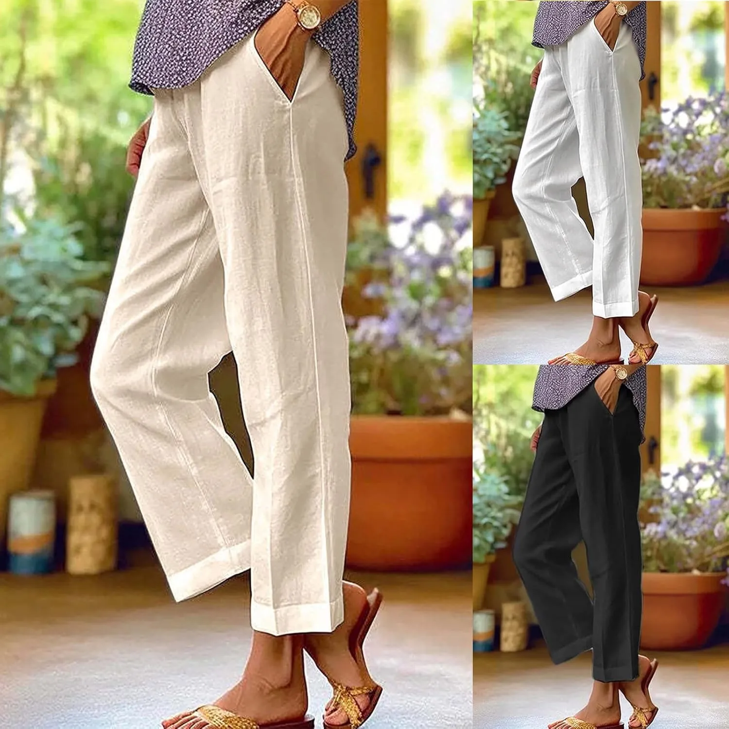 Womens Casual Linen Pants Drawstring Waist Loose Fit Summer Pants Cropped Trousers with Pockets Cotton Linen Pants
