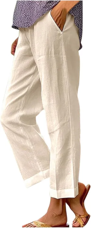 Womens Casual Linen Pants Drawstring Waist Loose Fit Summer Pants Cropped Trousers with Pockets Cotton Linen Pants