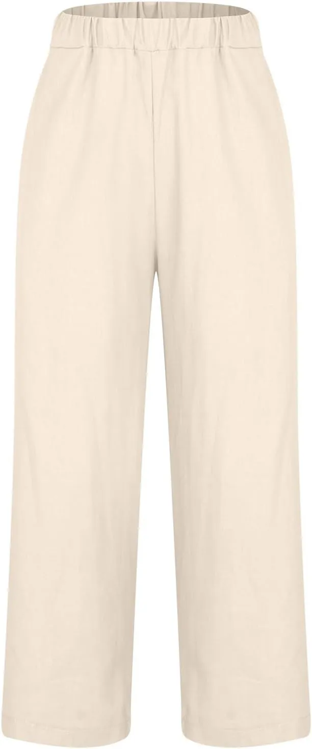 Womens Casual Linen Pants Drawstring Waist Loose Fit Summer Pants Cropped Trousers with Pockets Cotton Linen Pants
