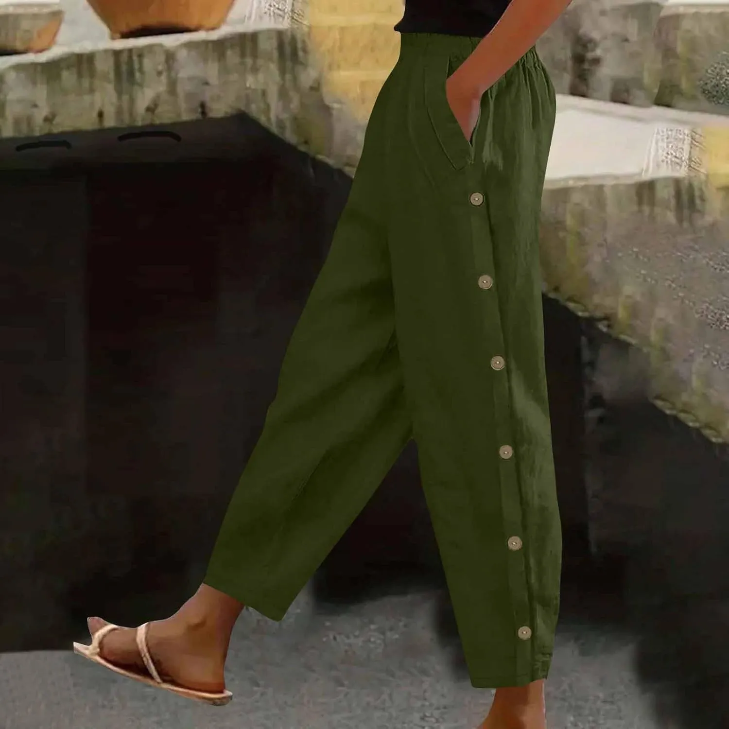 Womens Casual Linen Pants High Waist Pants Summer Boho Beach Pants Lounge Pant Trousers with Pockets Vacation Outfits