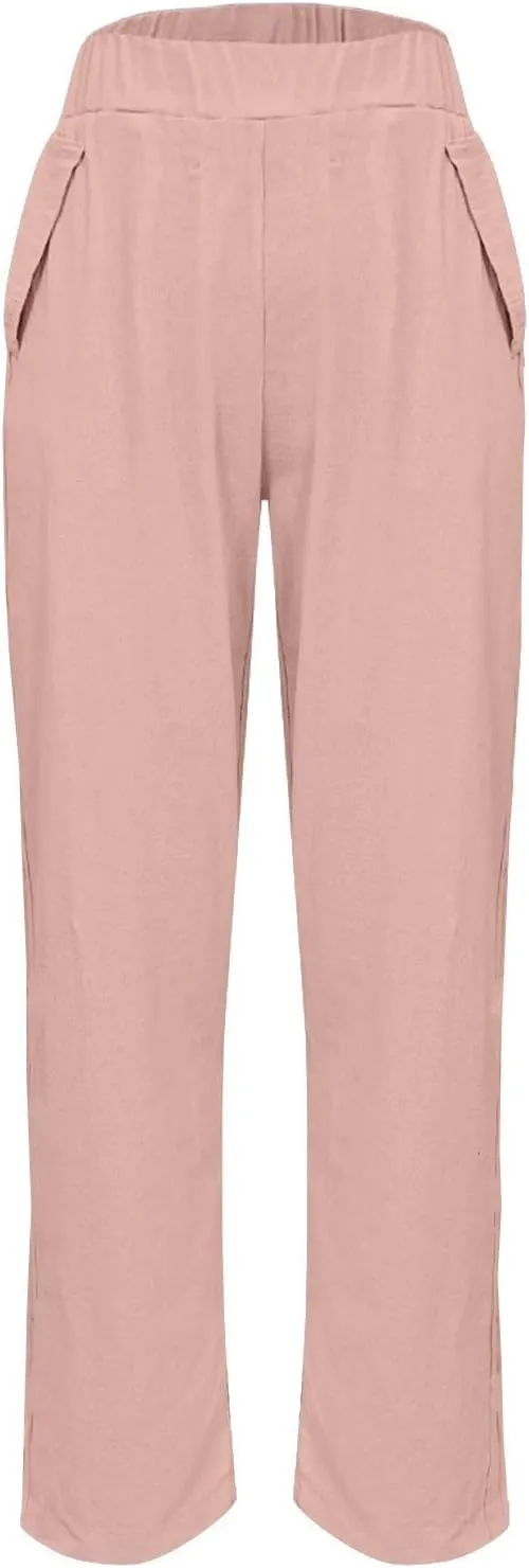 Women's Casual Straight Leg Solid Color Cropped Pants with Pockets Dressy Loose Fit Fashion