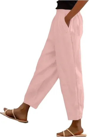 Women's Casual Straight Leg Solid Color Cropped Pants with Pockets Dressy Loose Fit Fashion