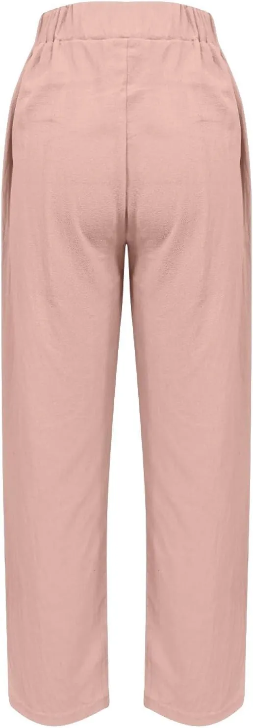 Women's Casual Straight Leg Solid Color Cropped Pants with Pockets Dressy Loose Fit Fashion