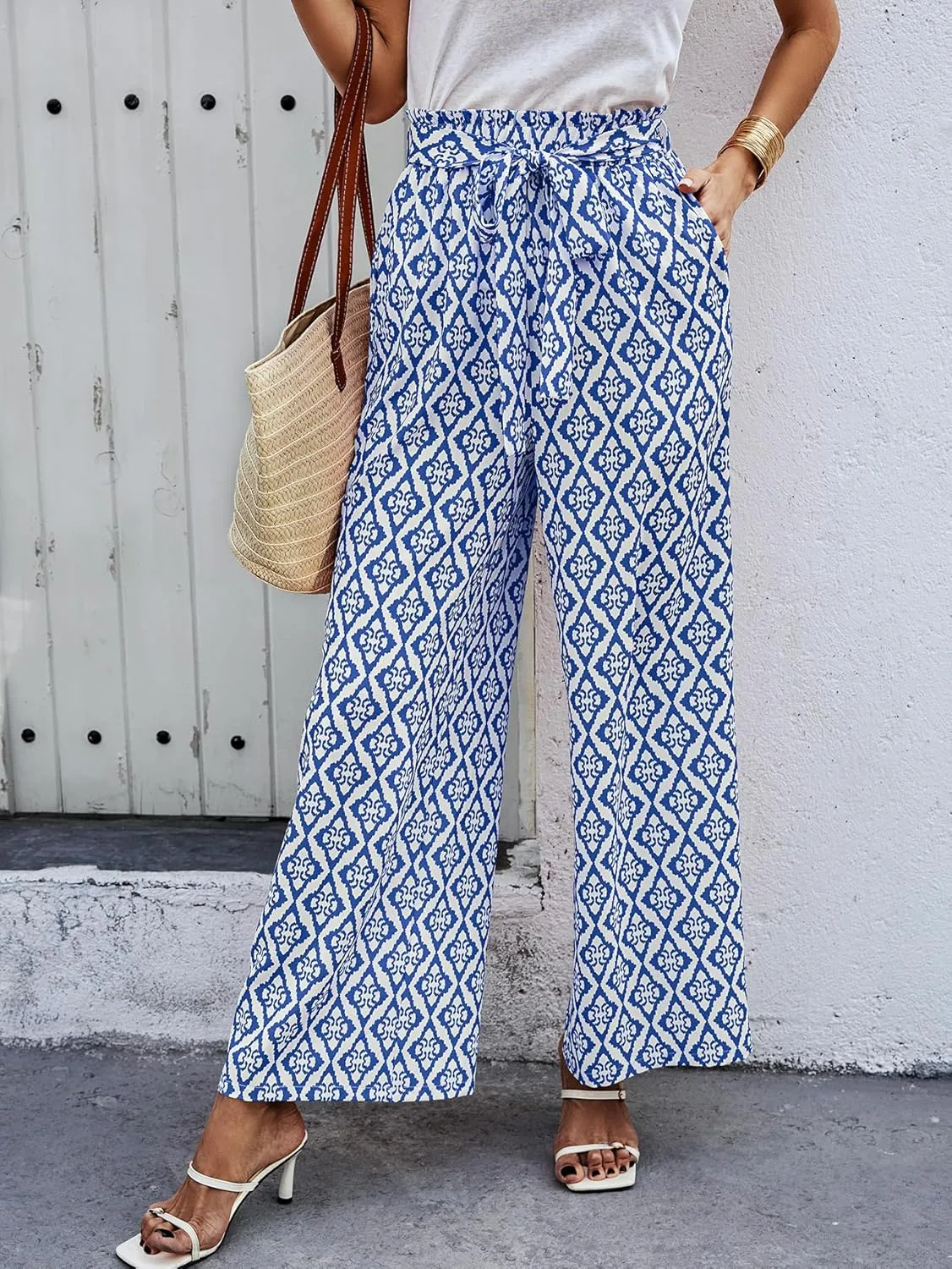 Women's Casual Wide Leg Palazzo Pants High Waist Tie Knot Summer Flowy Beach Work Trousers Lounge Pants with Pockets