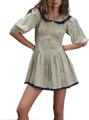Women's Cottagecore Dress Y2K Puff Sleeve Mini Dress Polka Dot Floral Lace Trim Doll Collar Vintage Boho Dress