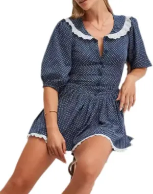 Women's Cottagecore Dress Y2K Puff Sleeve Mini Dress Polka Dot Floral Lace Trim Doll Collar Vintage Boho Dress