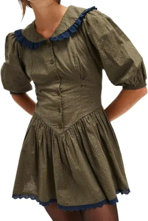 Women's Cottagecore Dress Y2K Puff Sleeve Mini Dress Polka Dot Floral Lace Trim Doll Collar Vintage Boho Dress