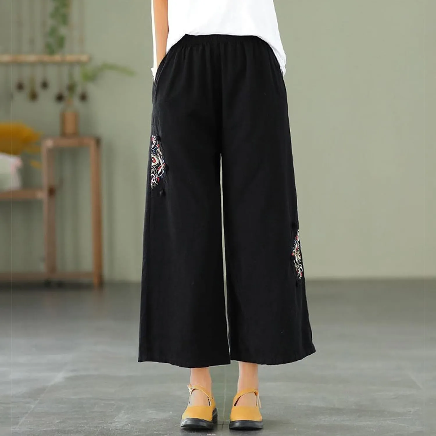 Womens Cotton Linen Baggy Pants Fashion Embroidery Loose Pant High Waist Wide Leg Boho Trousers Summer Lounge Clothes