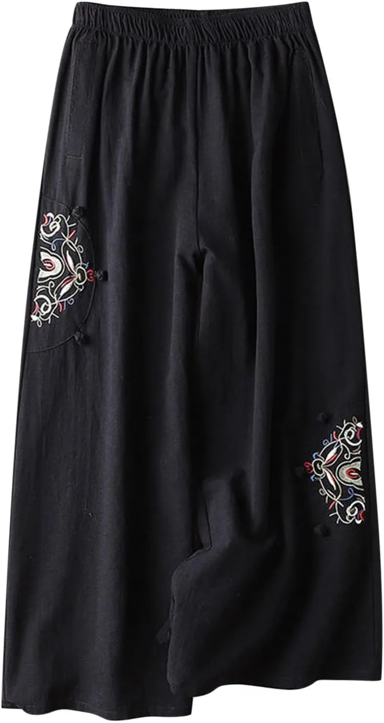 Womens Cotton Linen Baggy Pants Fashion Embroidery Loose Pant High Waist Wide Leg Boho Trousers Summer Lounge Clothes