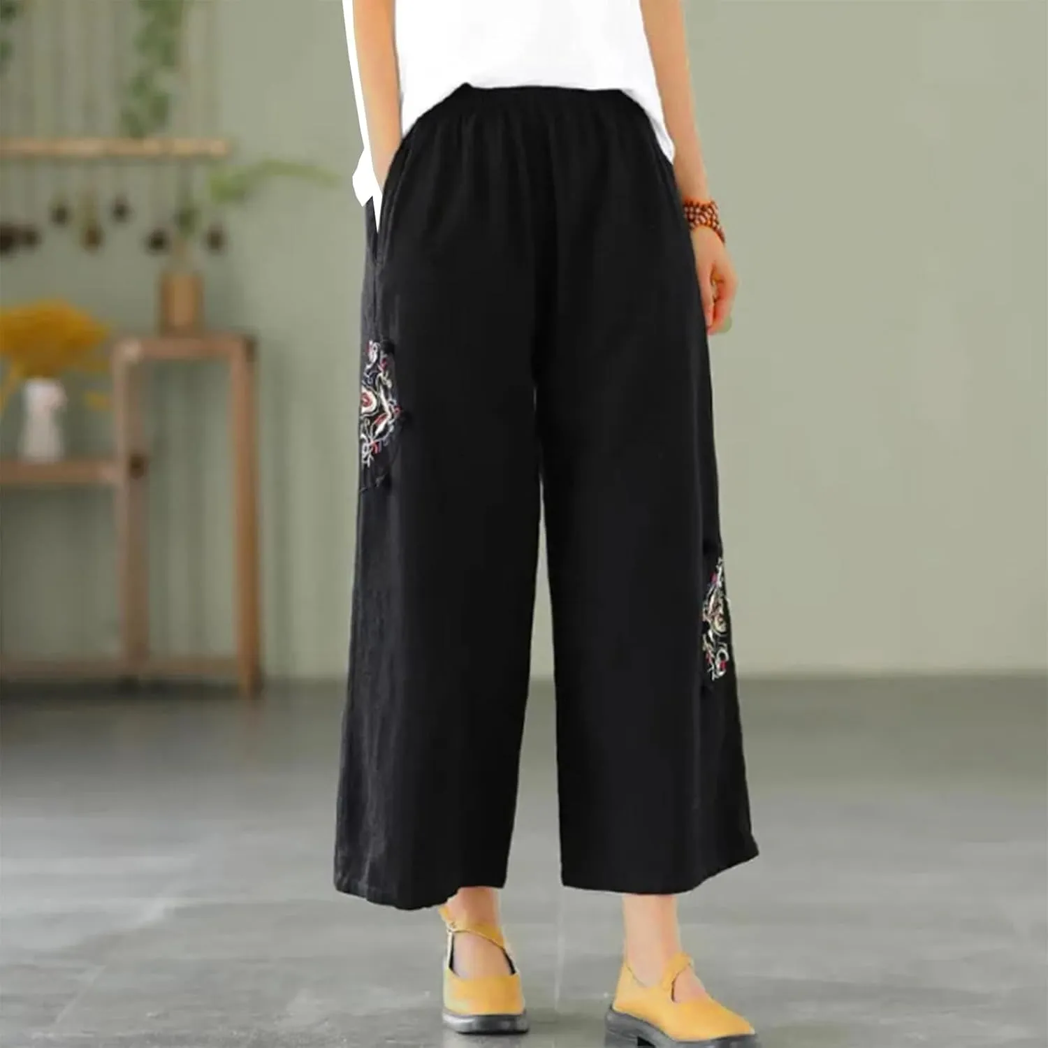 Womens Cotton Linen Baggy Pants Fashion Embroidery Loose Pant High Waist Wide Leg Boho Trousers Summer Lounge Clothes