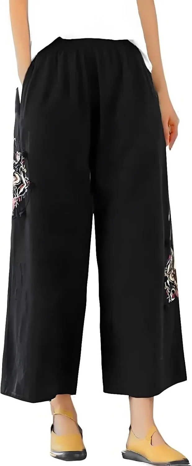 Womens Cotton Linen Baggy Pants Fashion Embroidery Loose Pant High Waist Wide Leg Boho Trousers Summer Lounge Clothes