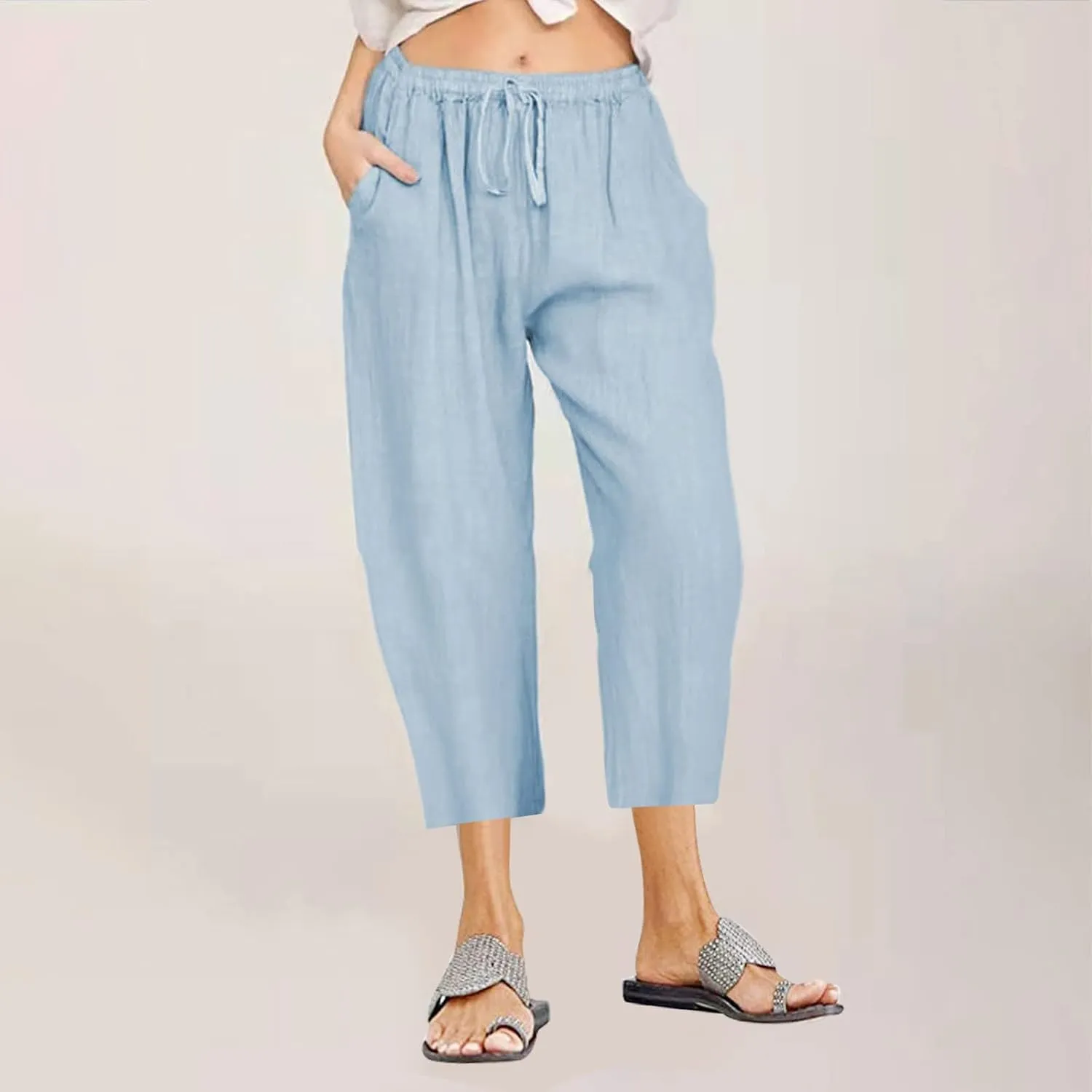 Women's Cotton Linen Capri Pants Lightweight Comfy Elastic High Waist Palazzo Pant 2025 Ladies Cropped Trousers