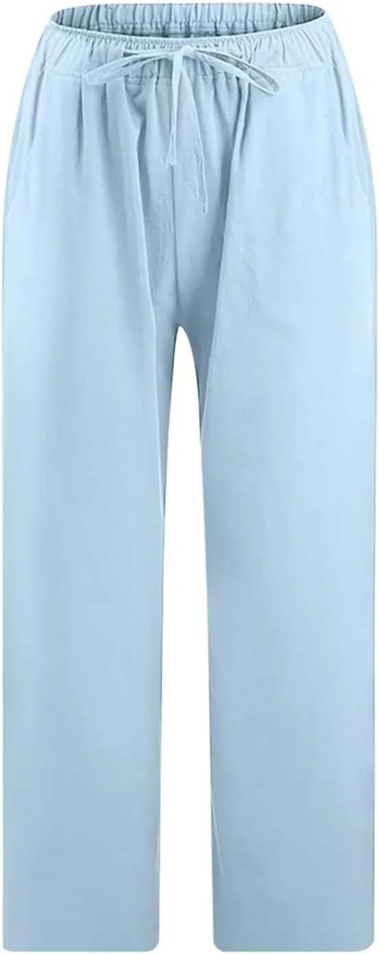 Women's Cotton Linen Capri Pants Lightweight Comfy Elastic High Waist Palazzo Pant 2025 Ladies Cropped Trousers