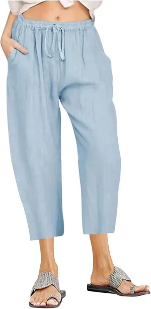 Women's Cotton Linen Capri Pants Lightweight Comfy Elastic High Waist Palazzo Pant 2025 Ladies Cropped Trousers
