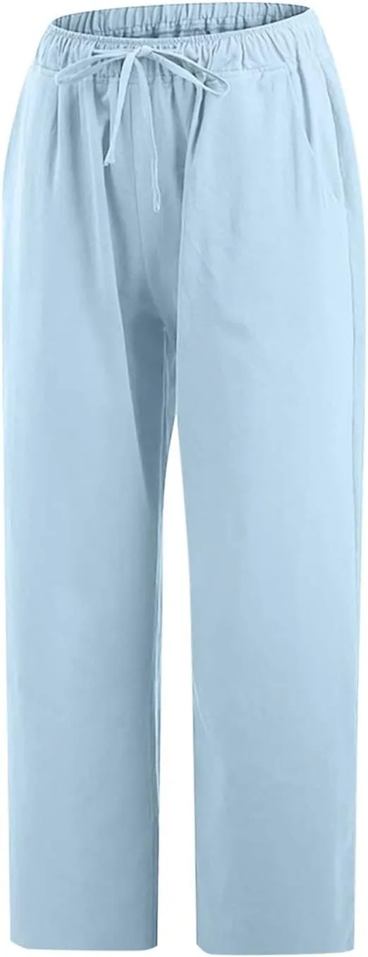 Women's Cotton Linen Capri Pants Lightweight Comfy Elastic High Waist Palazzo Pant 2025 Ladies Cropped Trousers