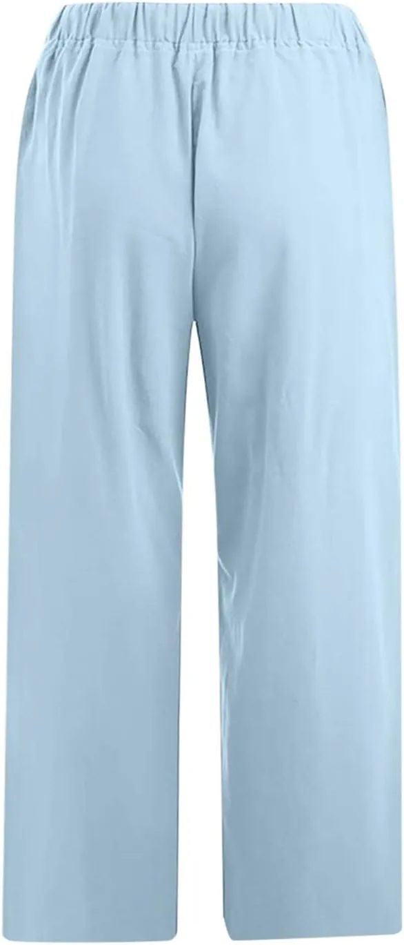 Women's Cotton Linen Capri Pants Lightweight Comfy Elastic High Waist Palazzo Pant 2025 Ladies Cropped Trousers