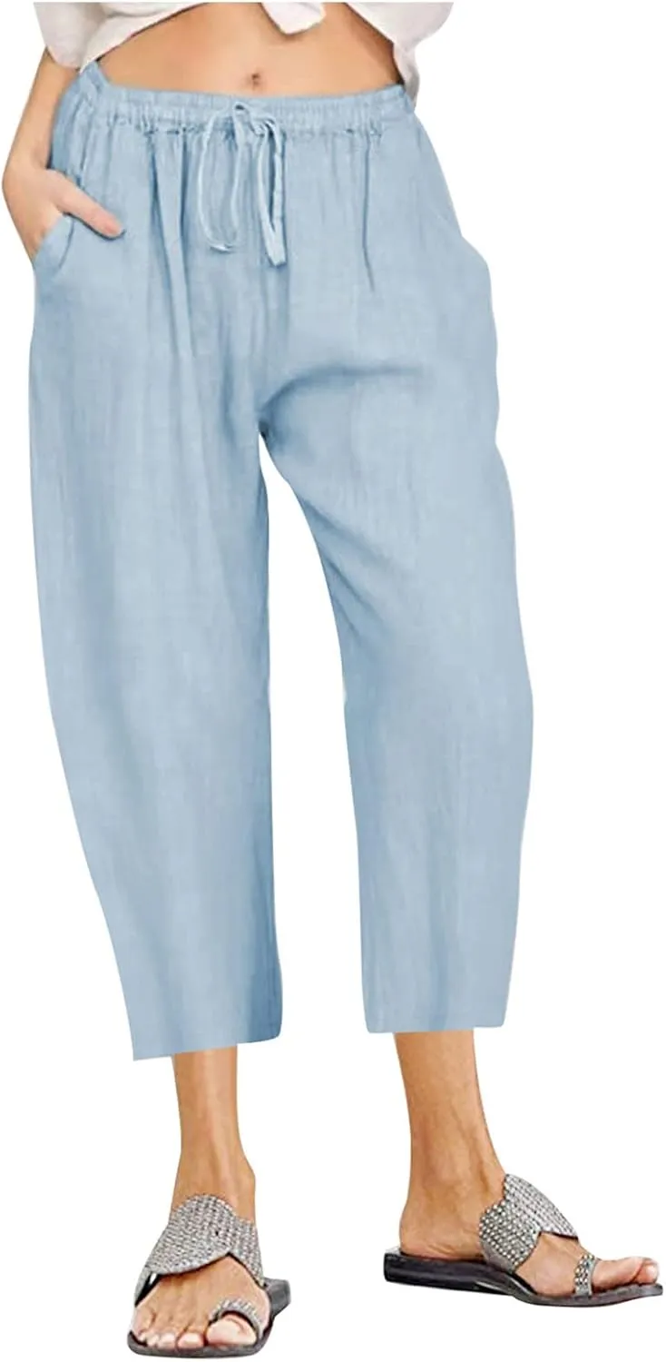 Women's Cotton Linen Capri Pants Lightweight Comfy Elastic High Waist Palazzo Pant 2025 Ladies Cropped Trousers