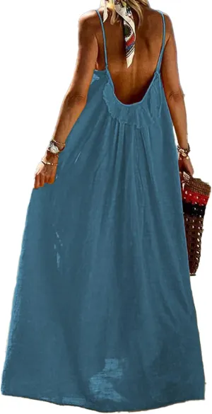 Womens Cotton Linen Maxi Dress Casual Sleeveless Spaghetti Strap Summer Loose Beach Long Sundresses
