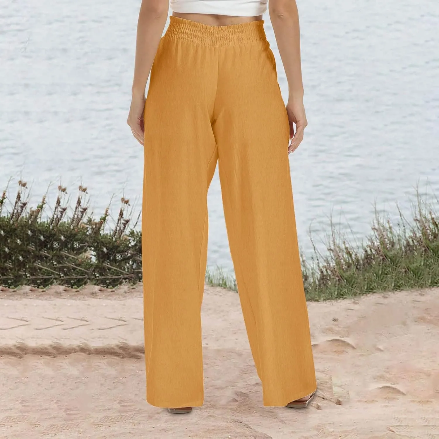 Womens Cotton Linen Palazzo Pants Plus Size High Waist Trousers Fashion Stretchy Wide Leg Pant Straight Pockets Pants
