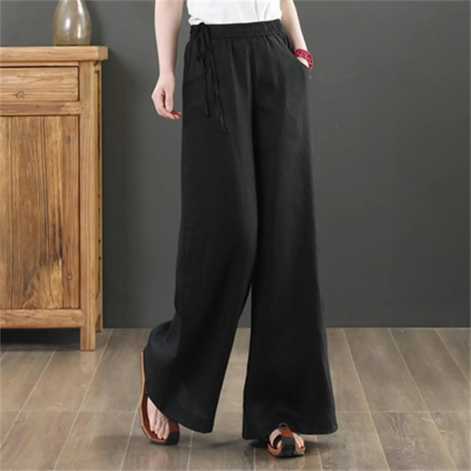 Women's Cotton Linen Palazzo Pants Trendy Wide Leg Pants High Waisted Boho Pants Summer Beach Outfits with Pockets